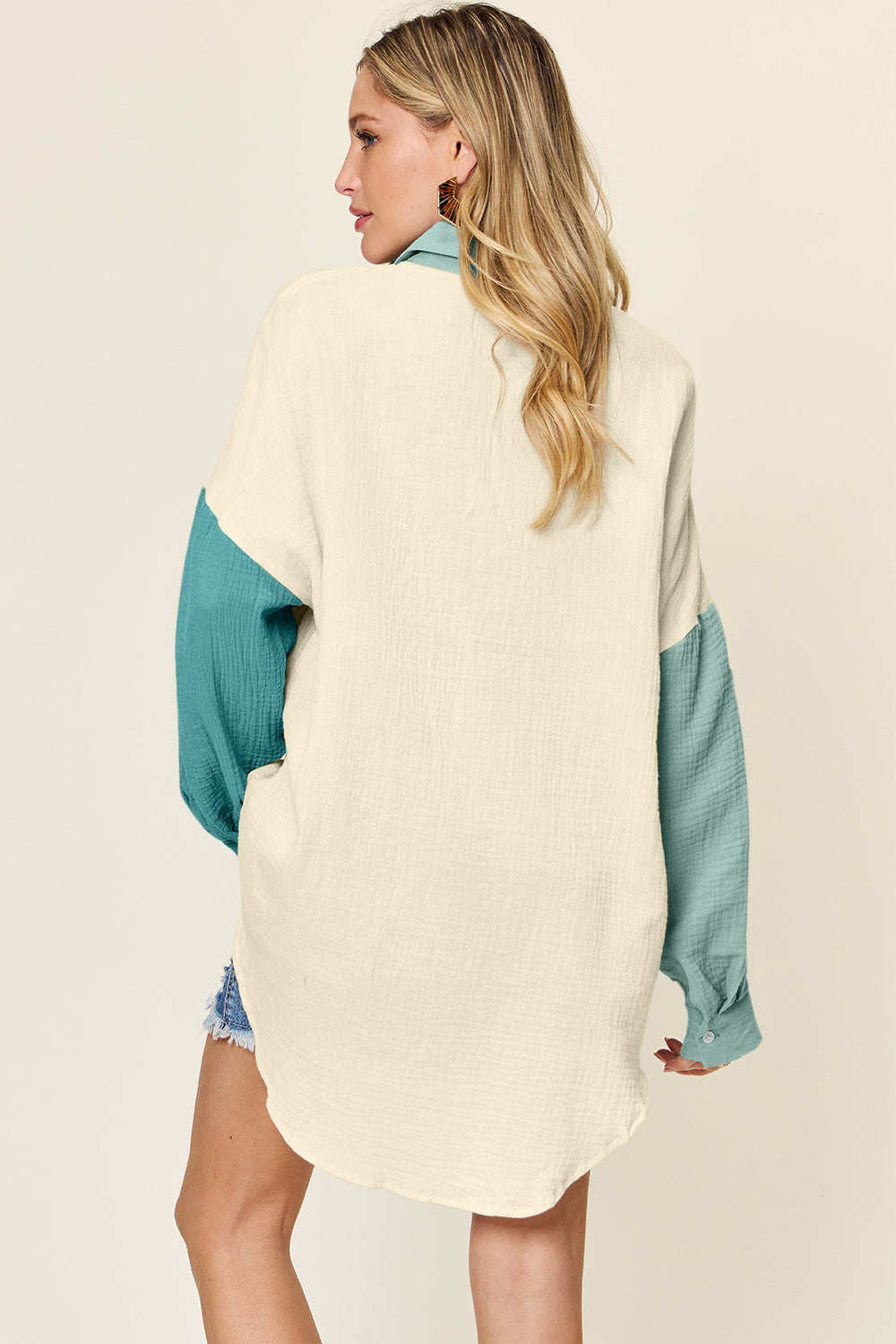 Pocketed Texture Button Up Top