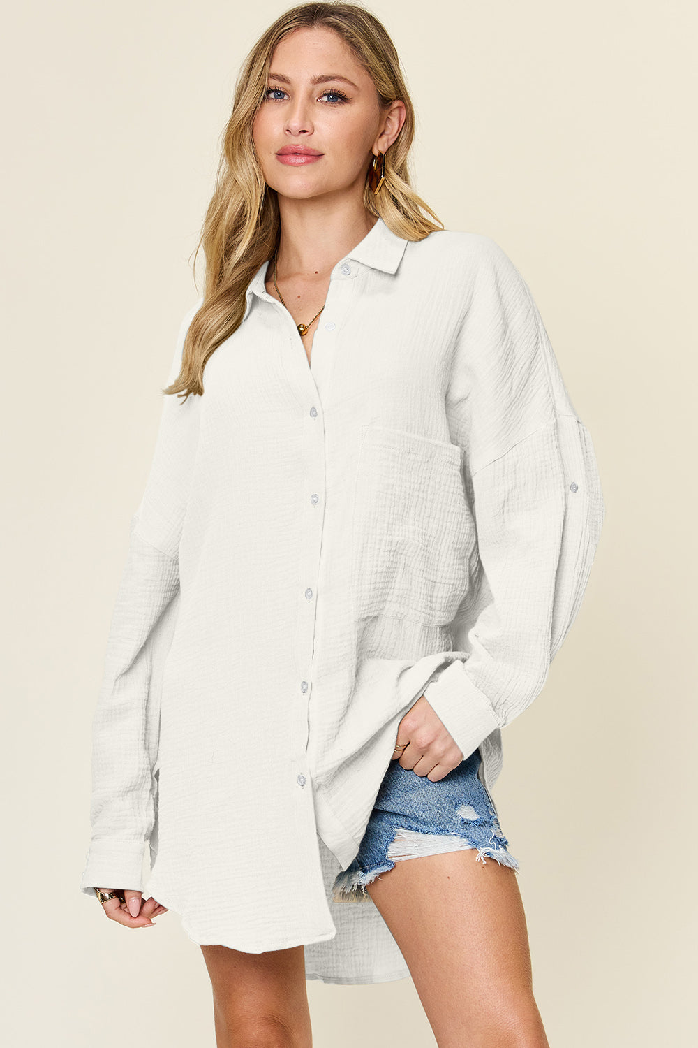 Pocketed Texture Button Up Top