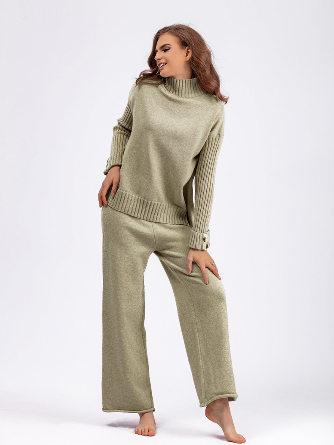 Carrie High- Low Turtleneck Long Sleeve Top and Pants Sweater Set