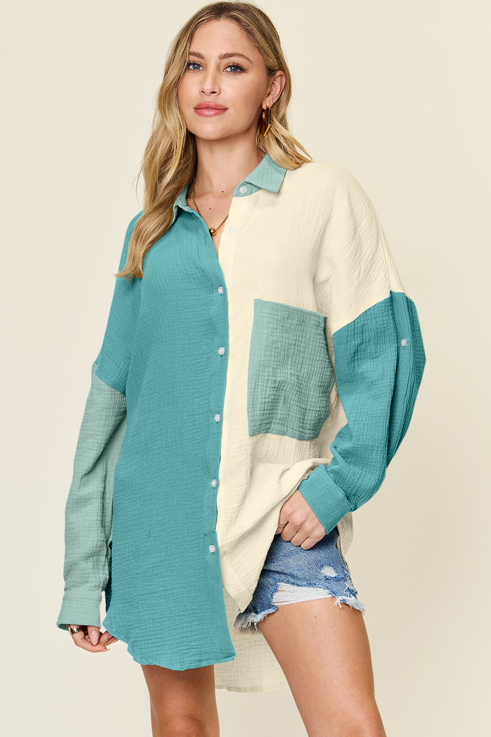 Pocketed Texture Button Up Top