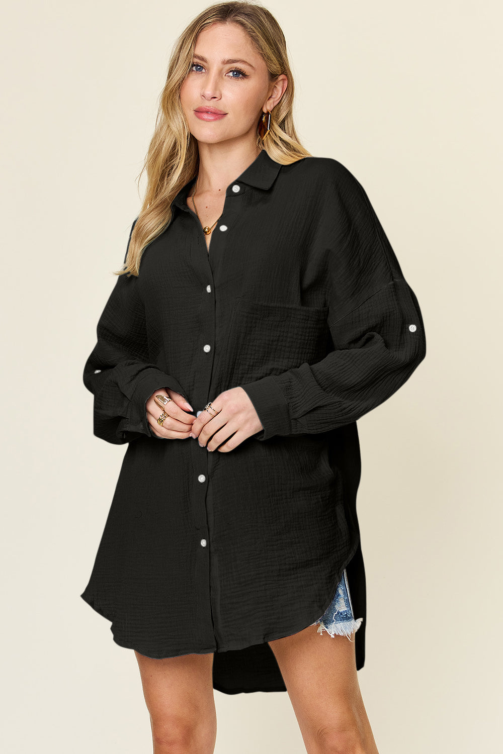Pocketed Texture Button Up Top