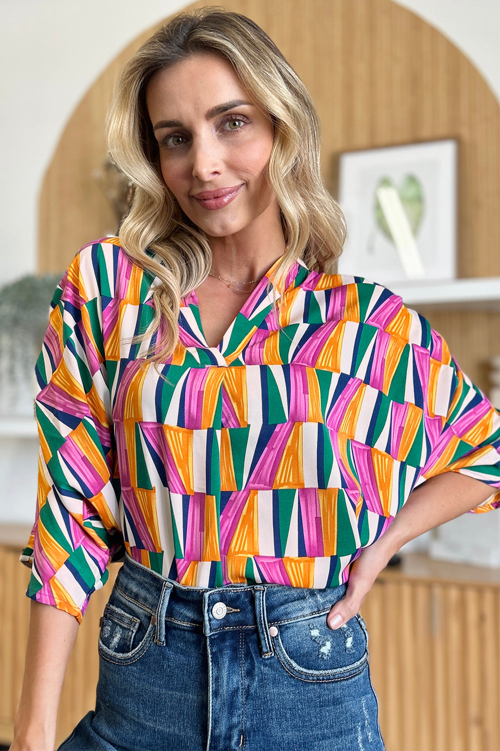 Dani Geometric Notched Dolman Sleeve Top