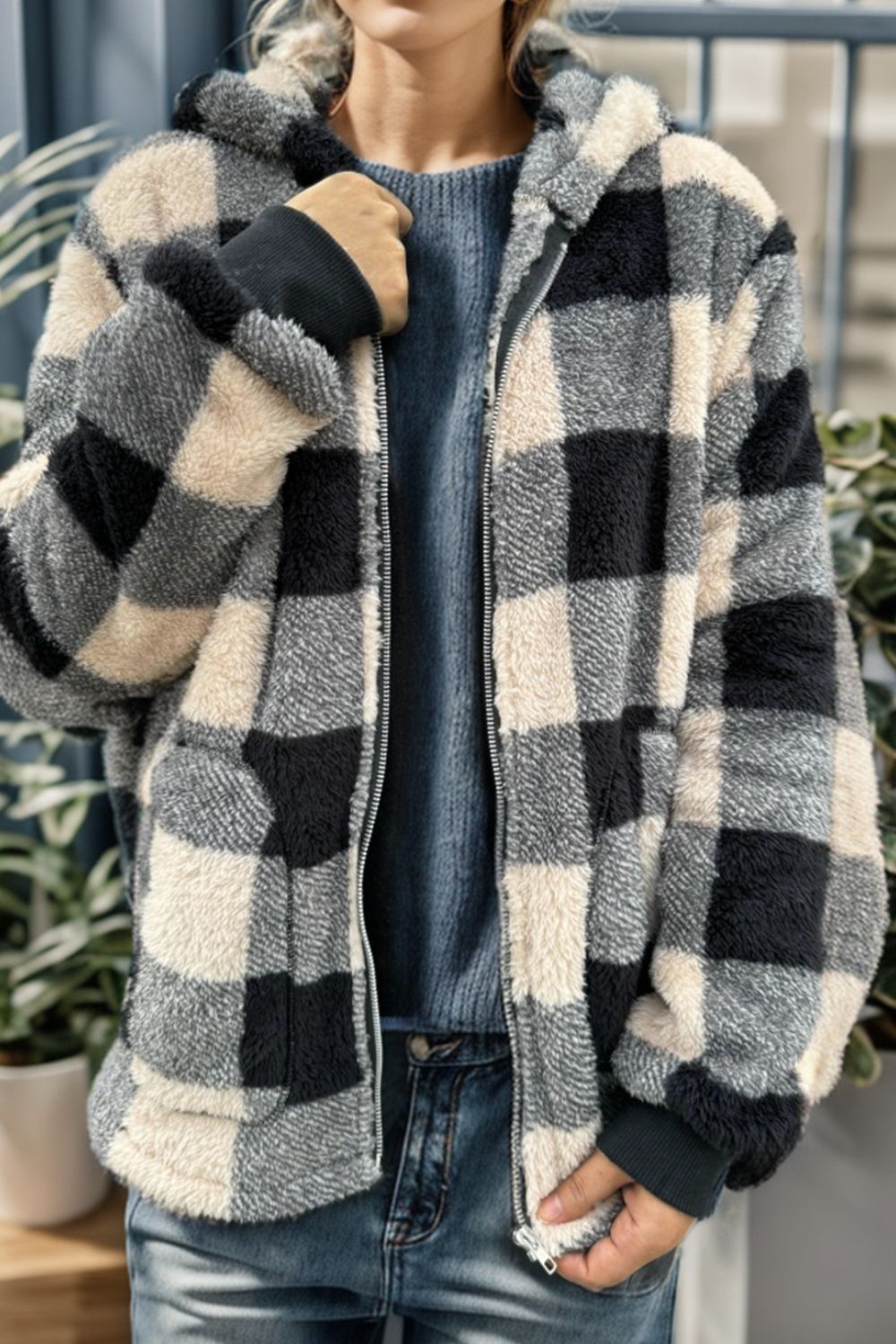 Isa Plaid Long Sleeve Hooded Coat