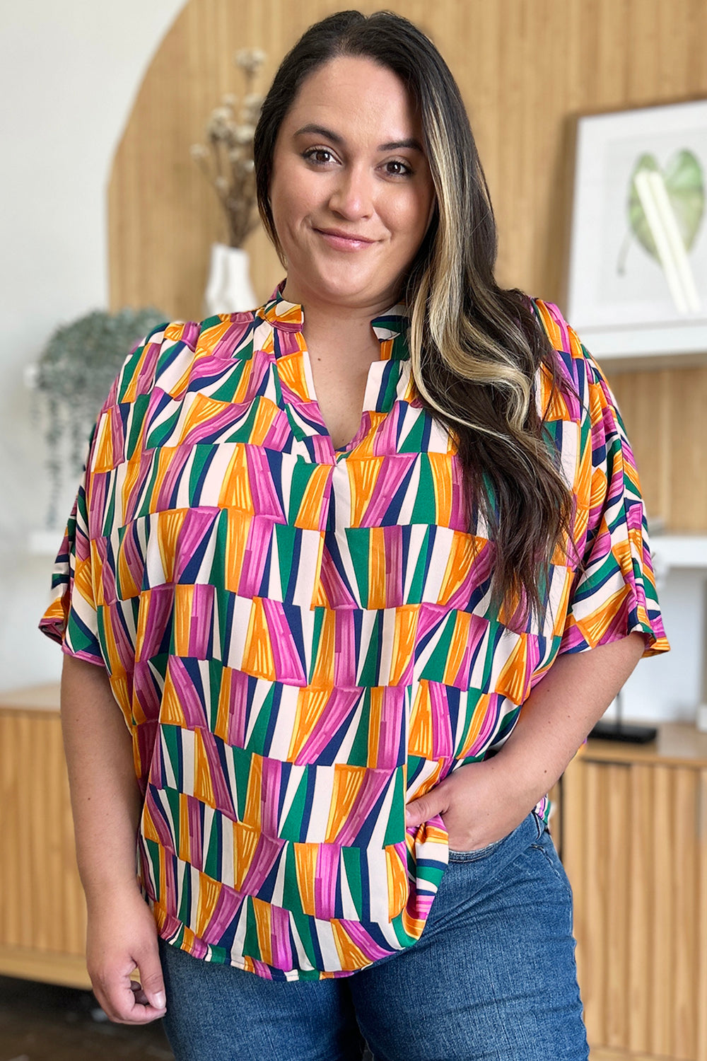 Dani Geometric Notched Dolman Sleeve Top