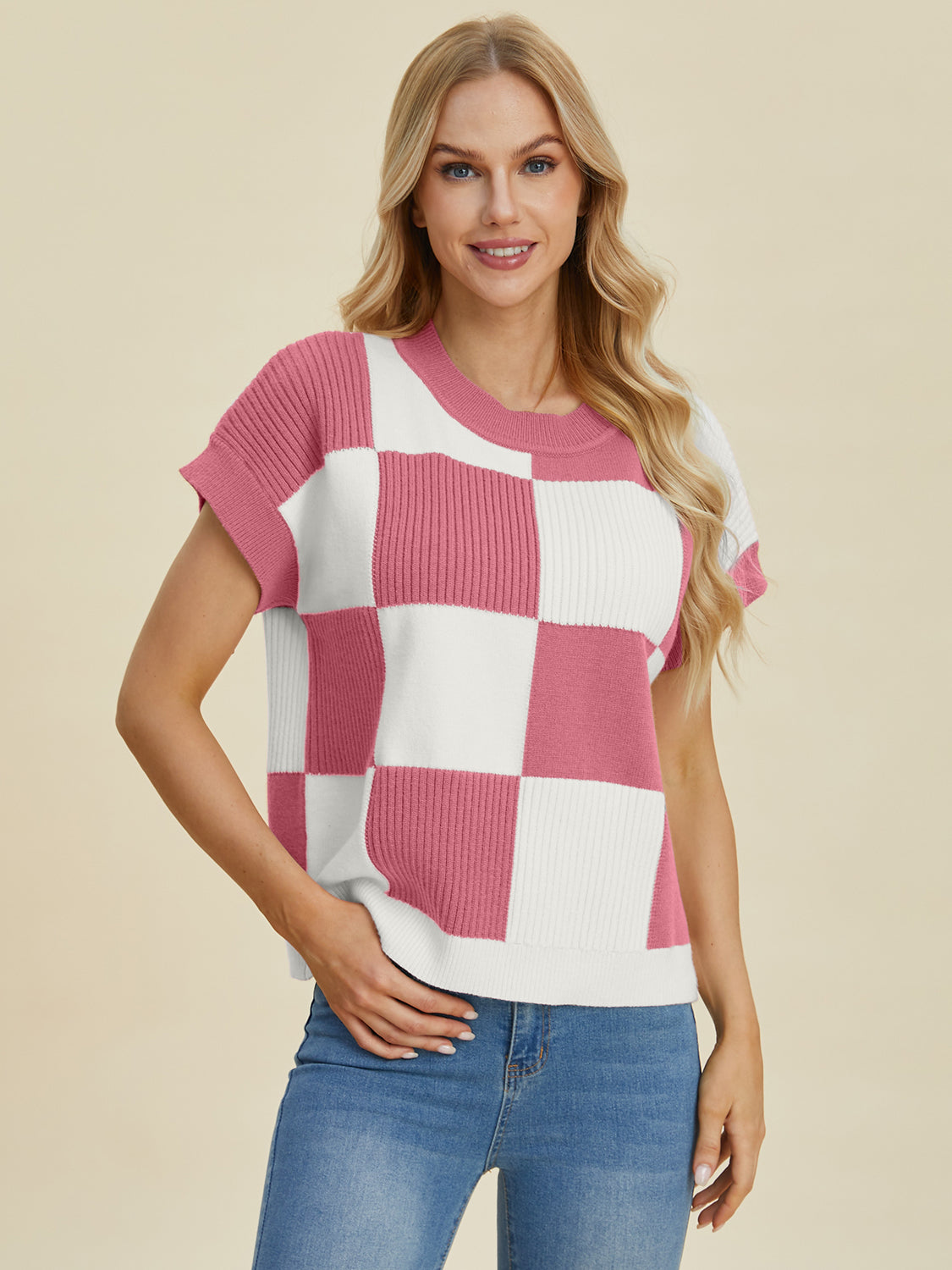 Carlee Checkered Round Neck Short Sleeve Sweater