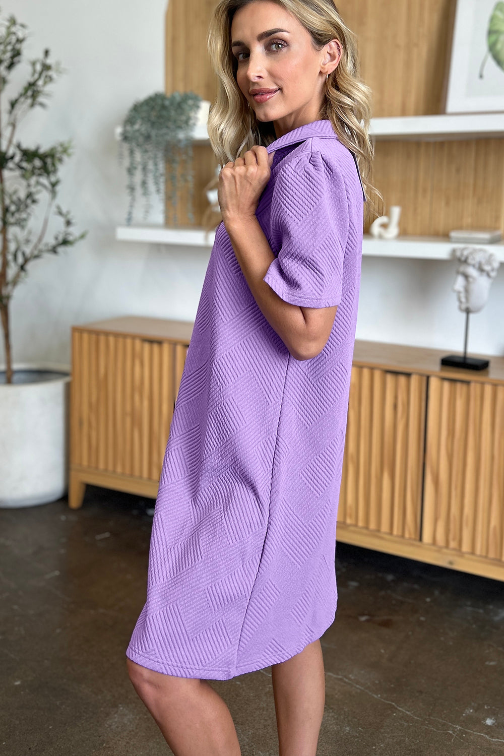 Texture Collared Neck Short Sleeve Dress