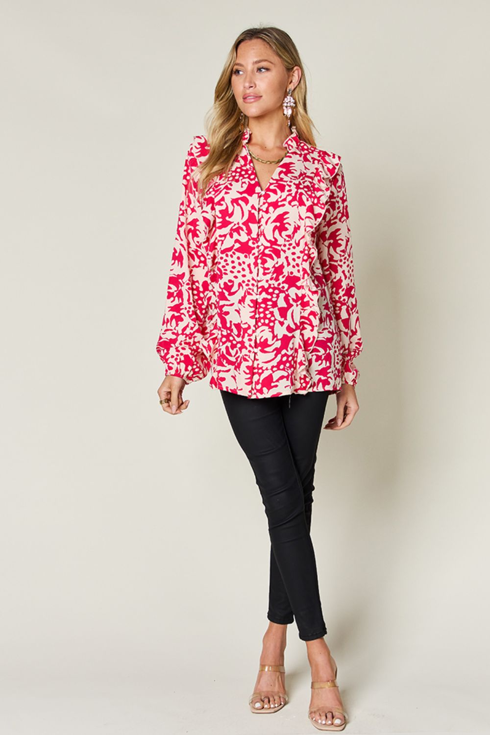 Jess Printed Ruffle Trim Balloon Sleeve Shirt