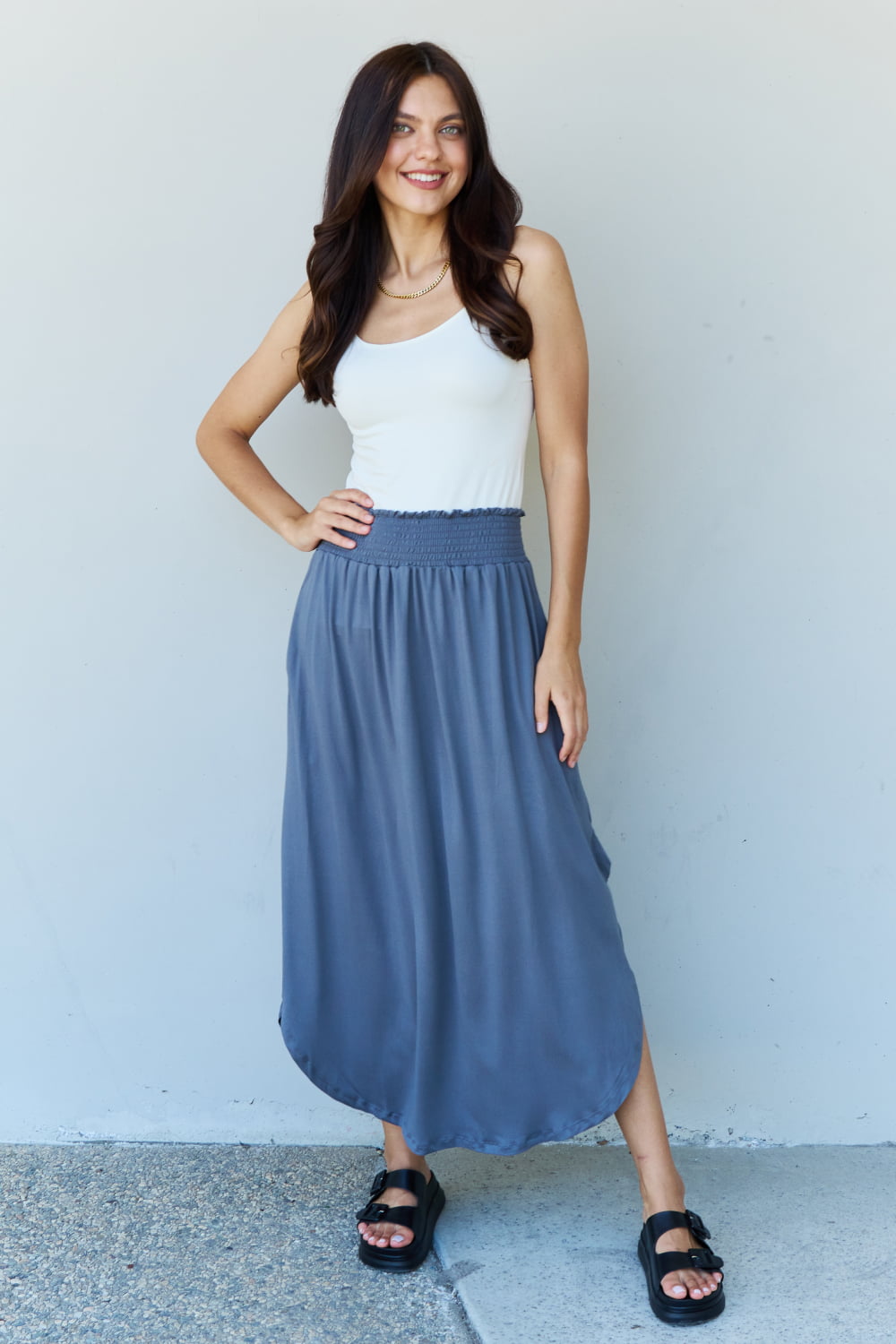 High Waist Scoop Hem Maxi Skirt