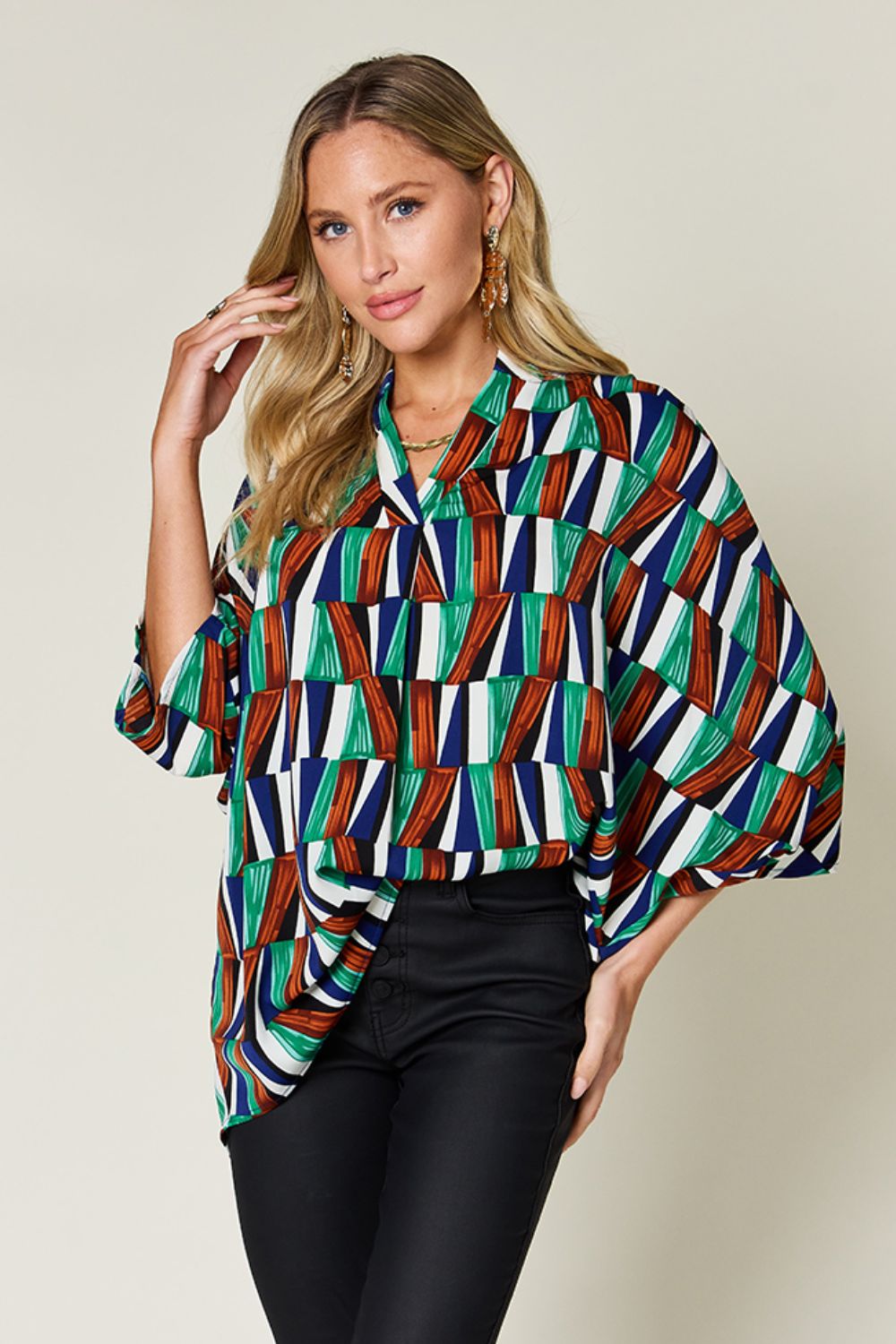 Dani Geometric Notched Dolman Sleeve Top