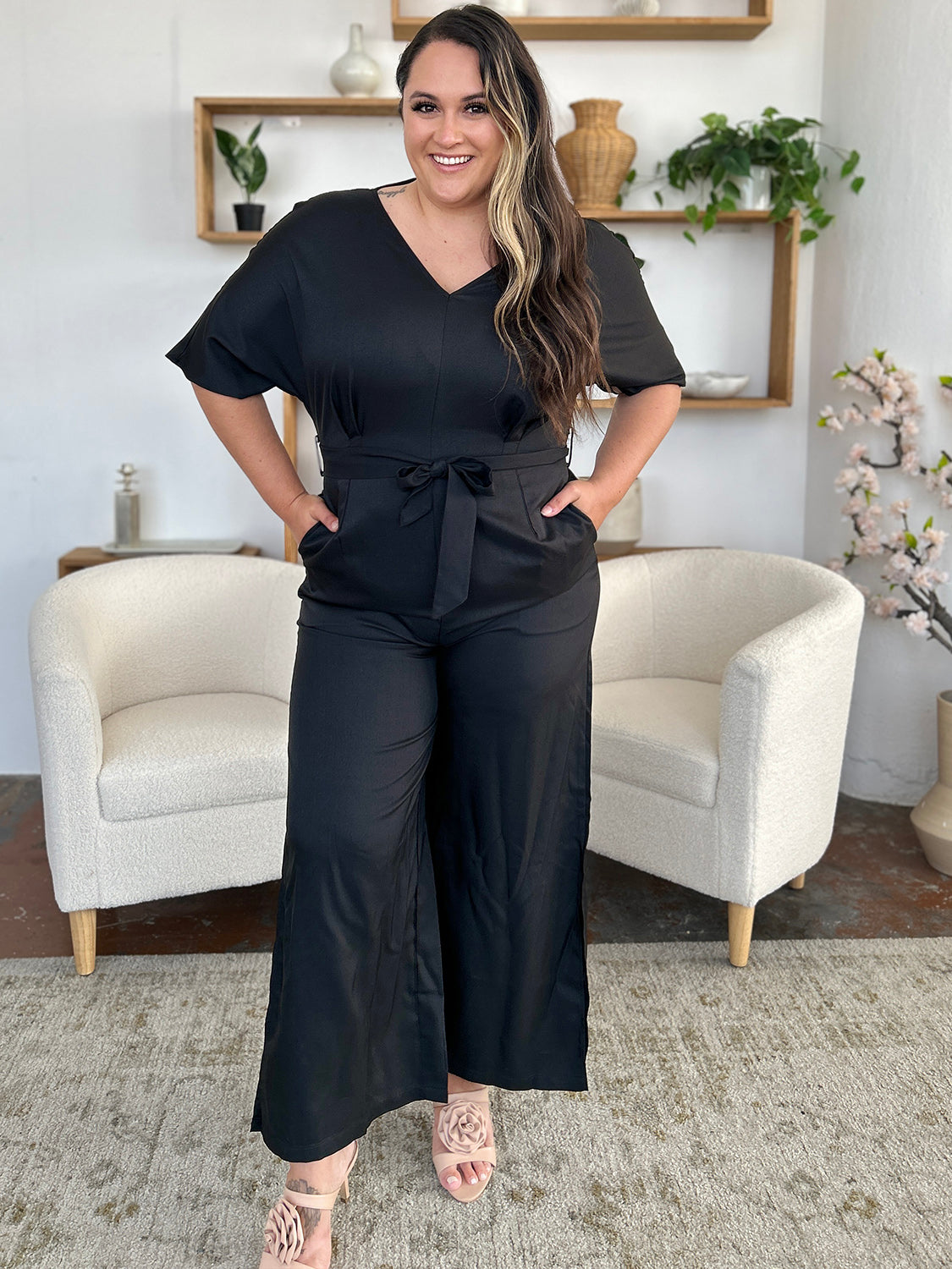 Luzia Size V-Neck Tied Side Slit Jumpsuit