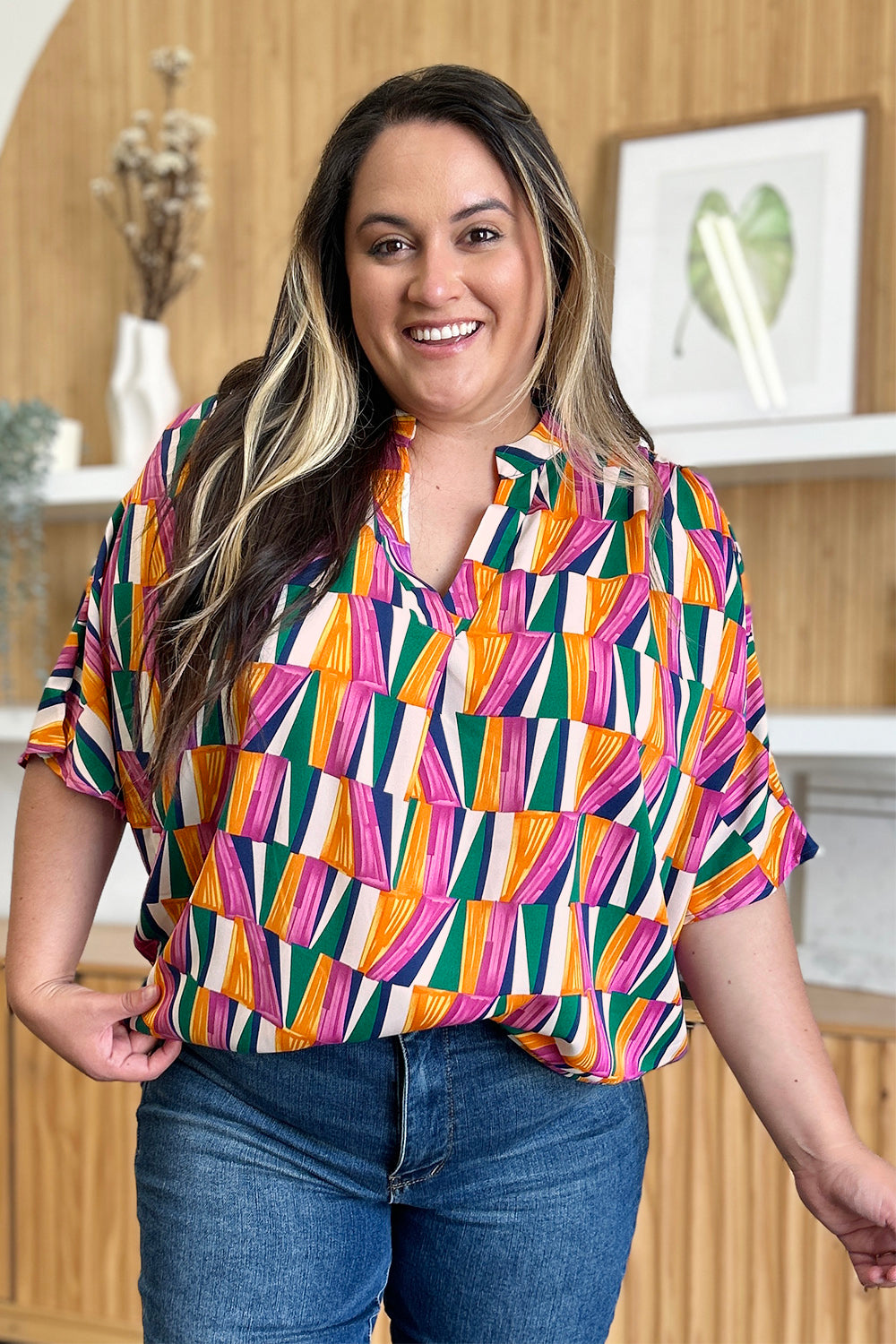 Dani Geometric Notched Dolman Sleeve Top