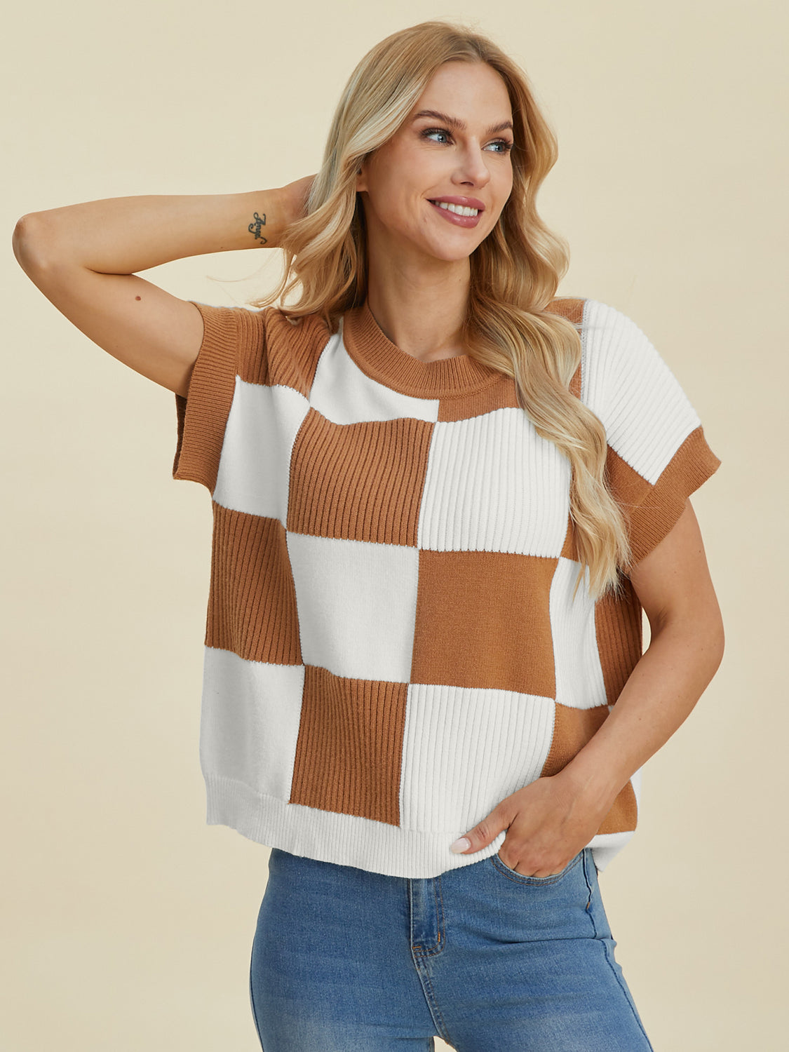 Carlee Checkered Round Neck Short Sleeve Sweater