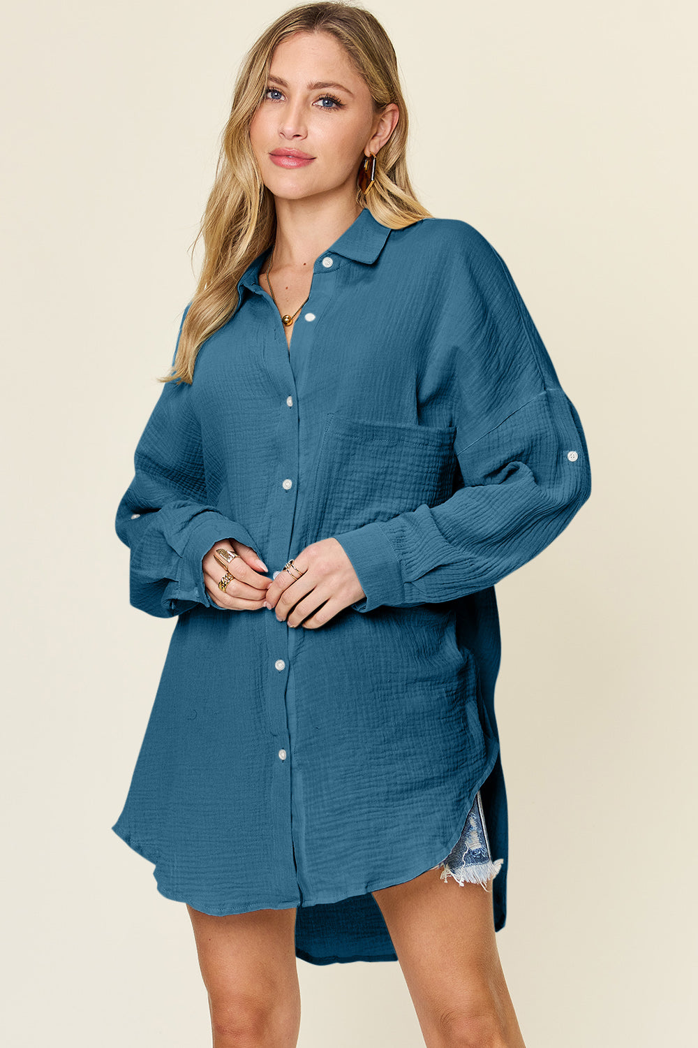 Pocketed Texture Button Up Top