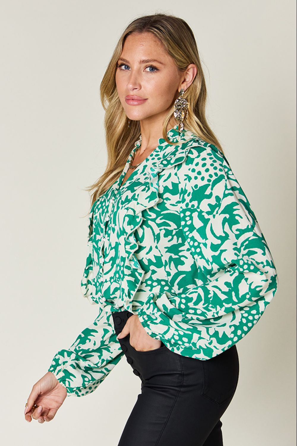 Jess Printed Ruffle Trim Balloon Sleeve Shirt