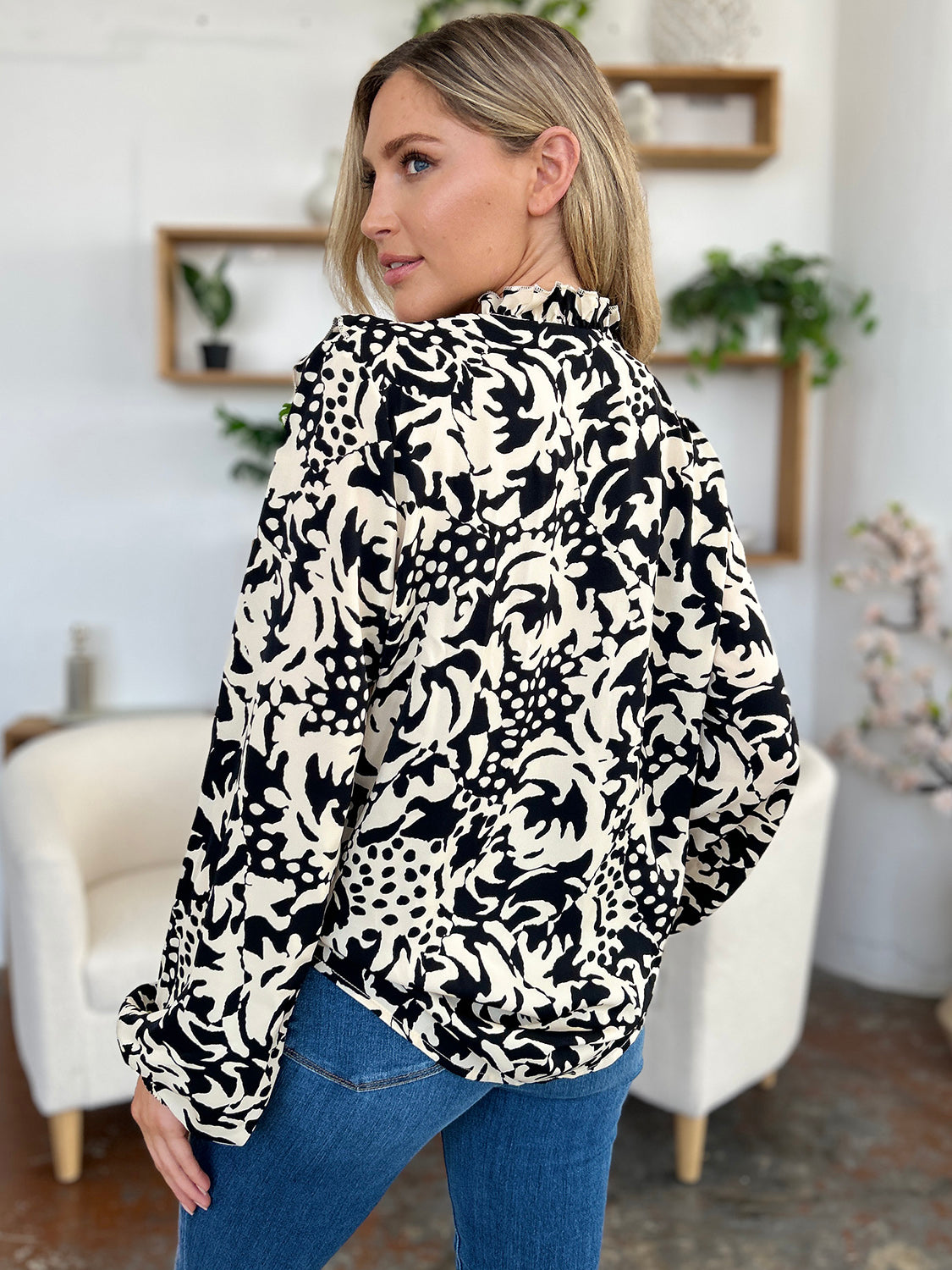 Jess Printed Ruffle Trim Balloon Sleeve Shirt