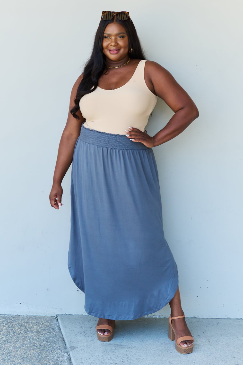 High Waist Scoop Hem Maxi Skirt