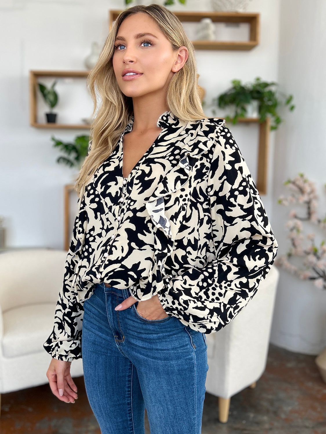 Jess Printed Ruffle Trim Balloon Sleeve Shirt