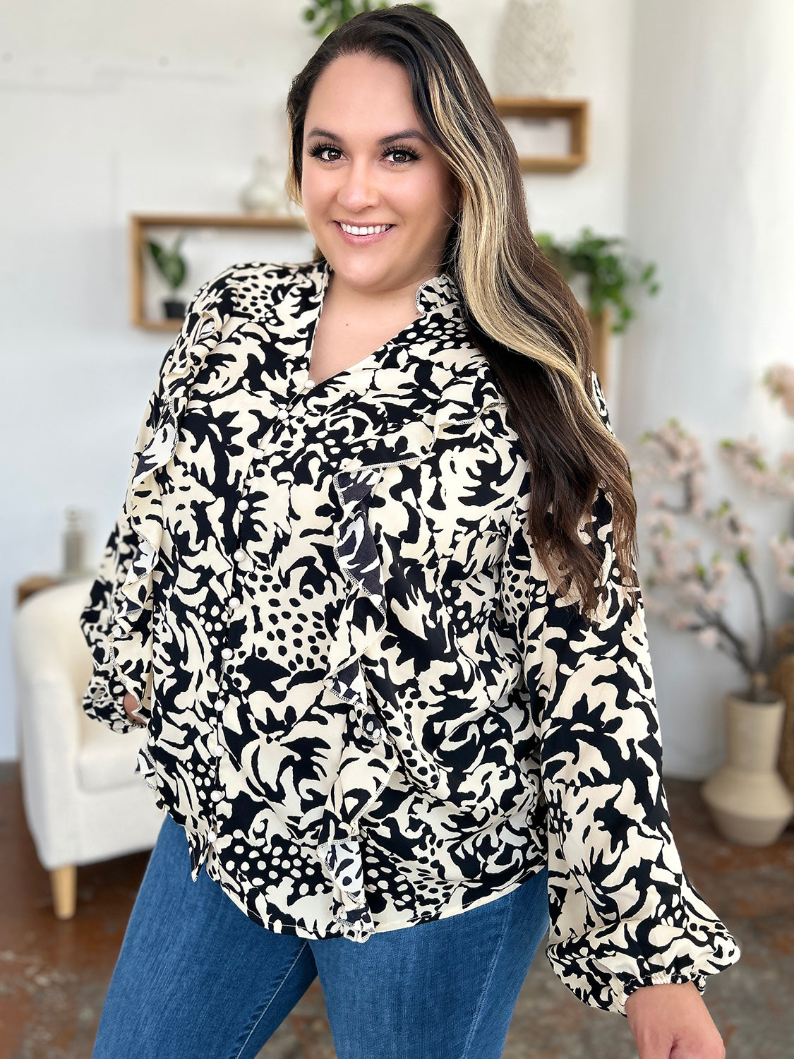 Jess Printed Ruffle Trim Balloon Sleeve Shirt
