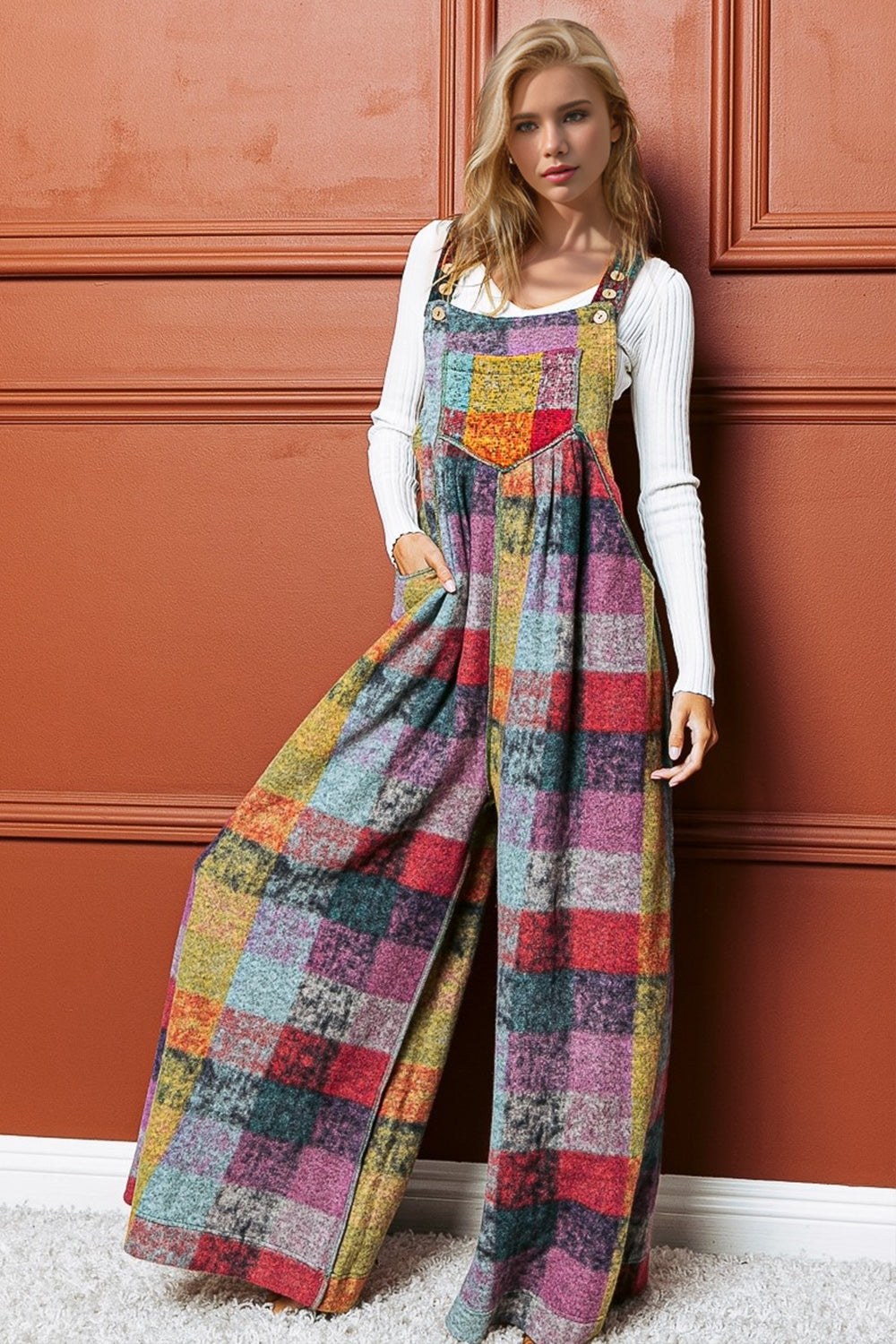Evee Plaid Sleeveless Fleece Wide Leg Overalls