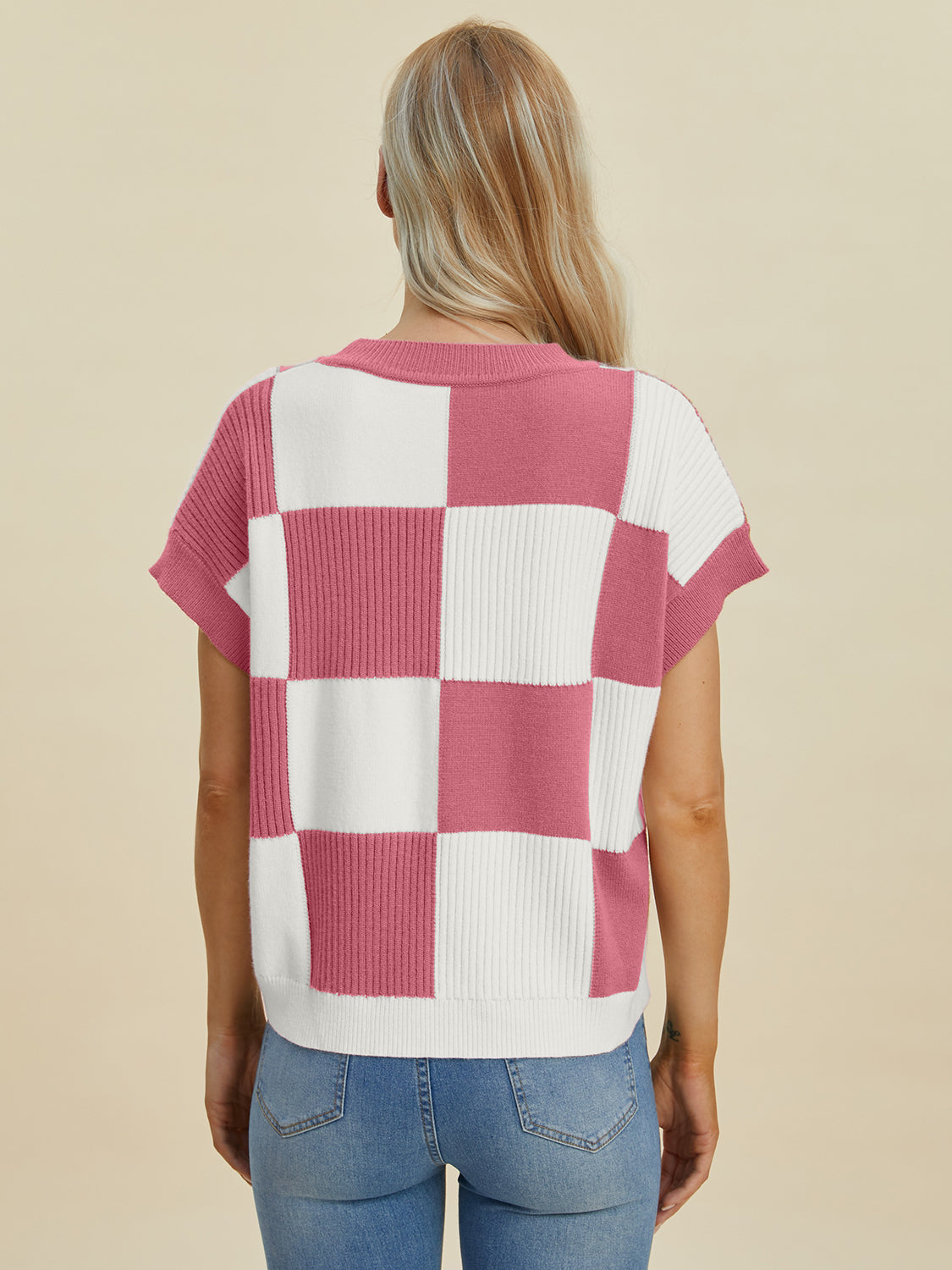 Carlee Checkered Round Neck Short Sleeve Sweater