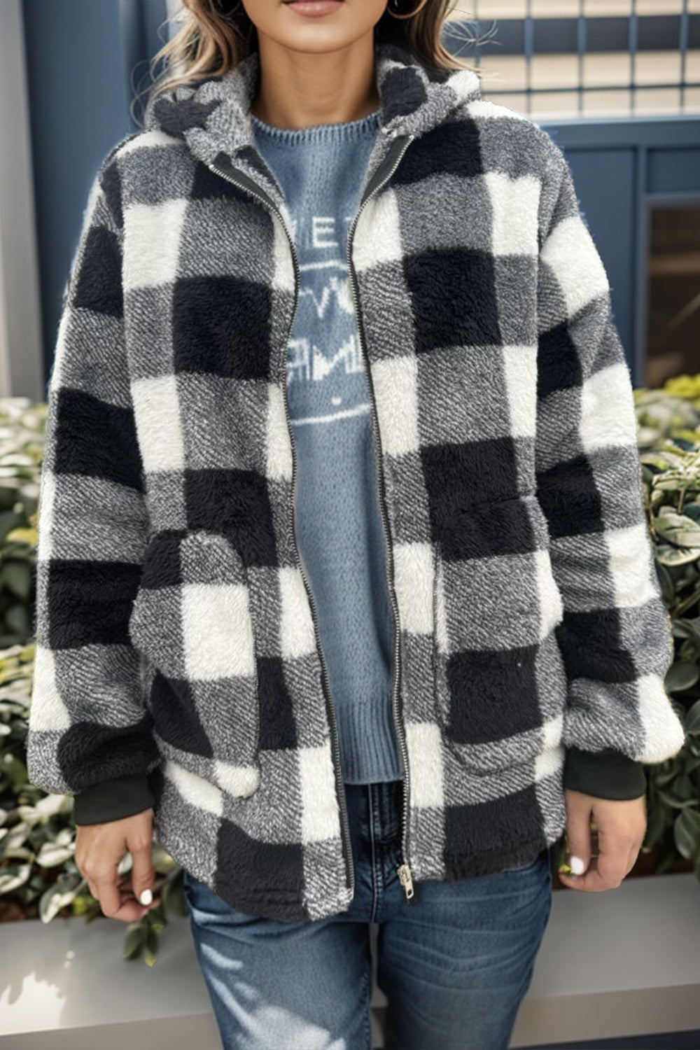Isa Plaid Long Sleeve Hooded Coat