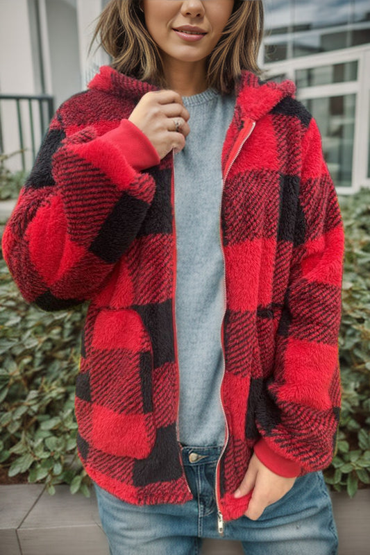 Isa Plaid Long Sleeve Hooded Coat