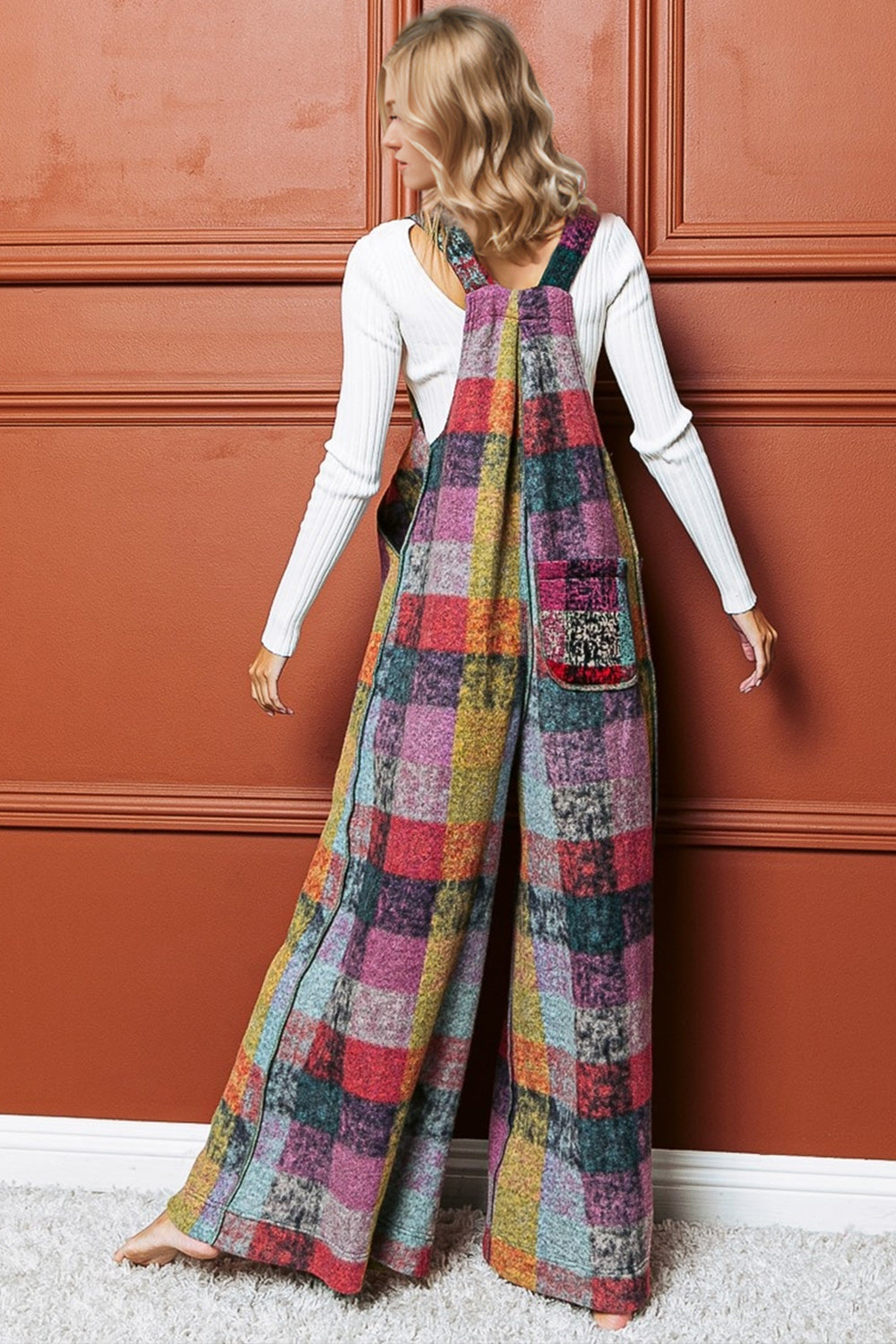 Evee Plaid Sleeveless Fleece Wide Leg Overalls