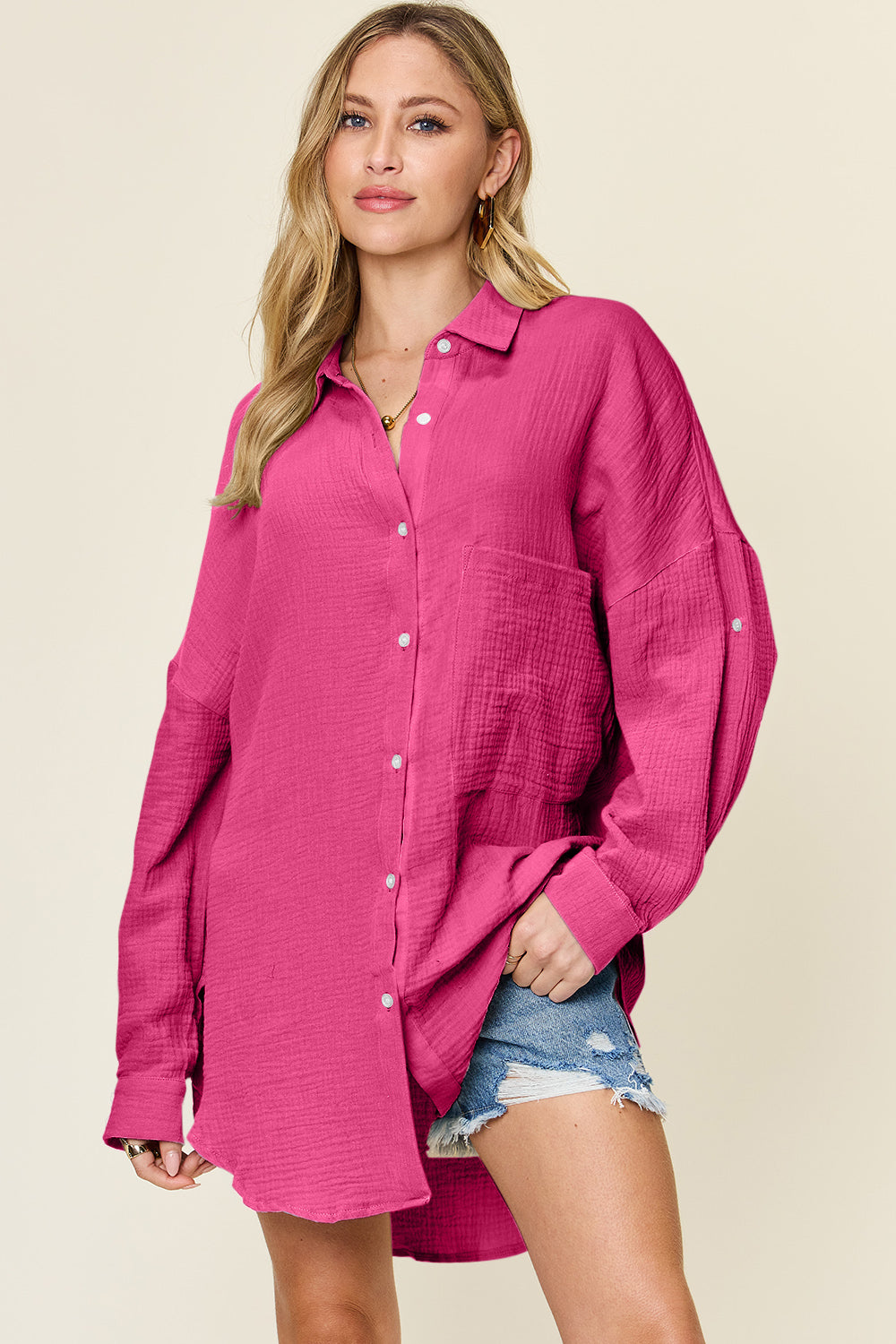 Pocketed Texture Button Up Top