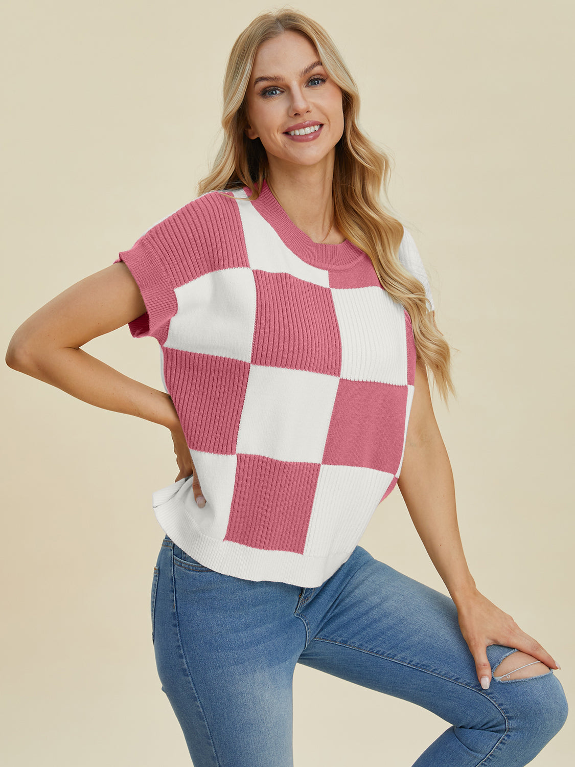 Carlee Checkered Round Neck Short Sleeve Sweater