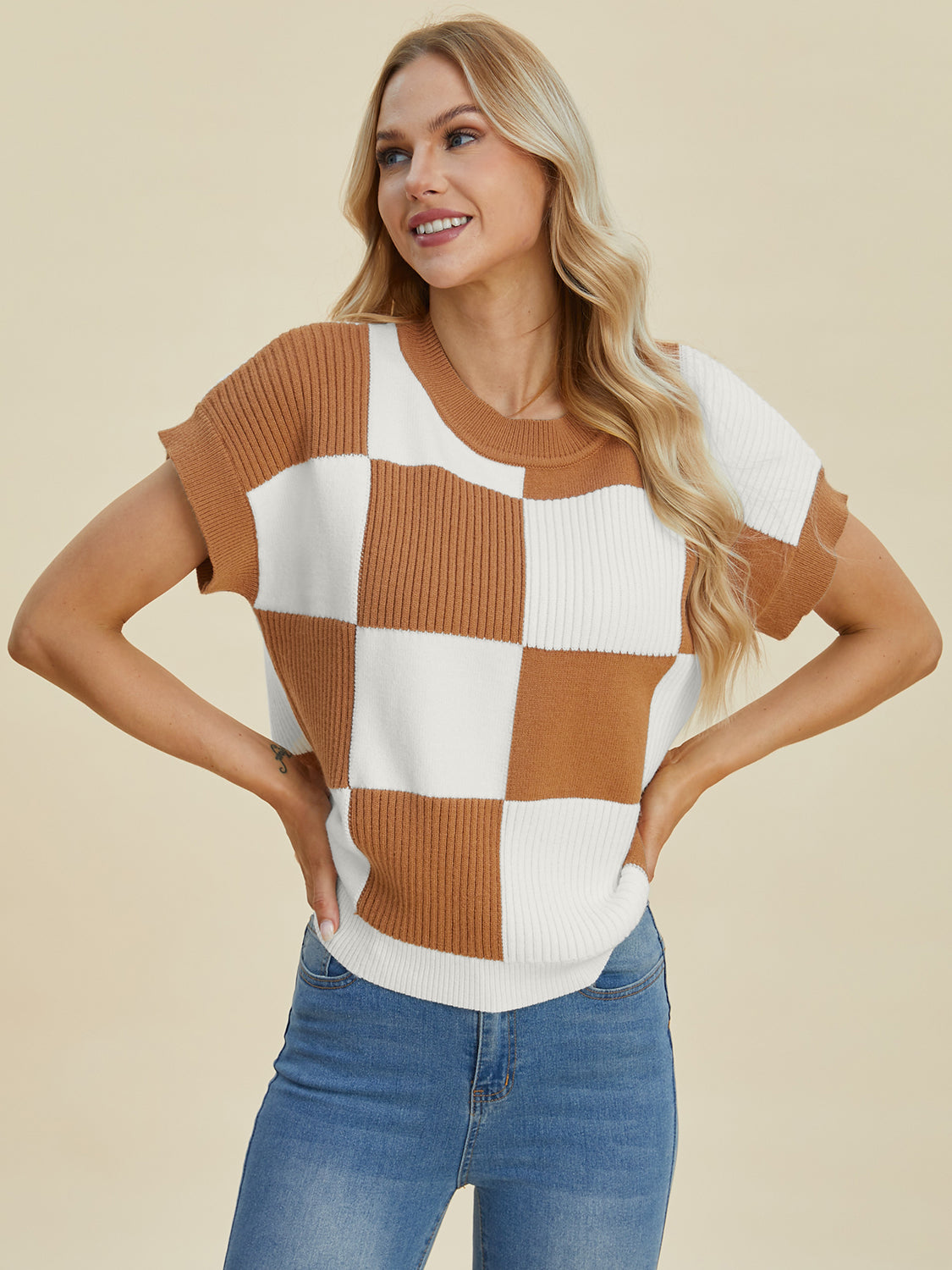 Carlee Checkered Round Neck Short Sleeve Sweater