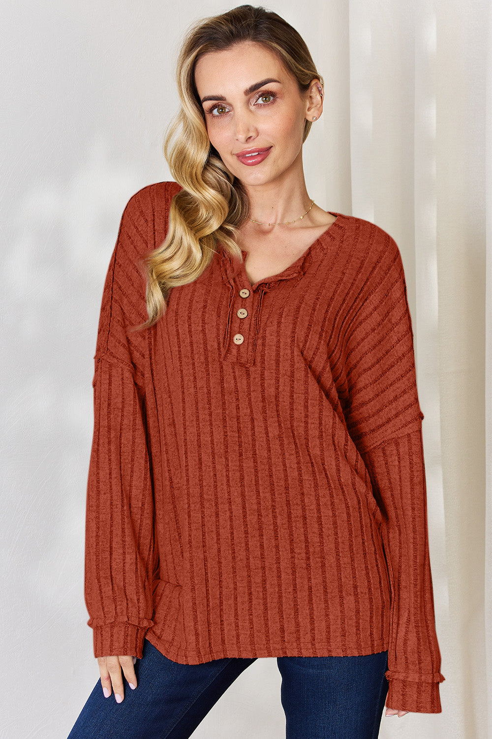Cila Ribbed Half Button Long Sleeve T-Shirt