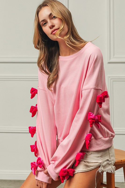 Mila Velvet Ribbon Bows Long Sleeve Round Neck Sweatshirt