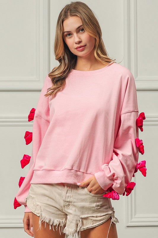 Mila Velvet Ribbon Bows Long Sleeve Round Neck Sweatshirt