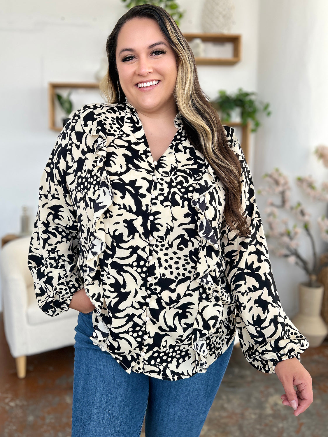 Jess Printed Ruffle Trim Balloon Sleeve Shirt