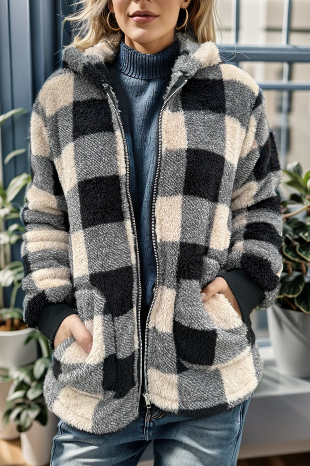 Isa Plaid Long Sleeve Hooded Coat
