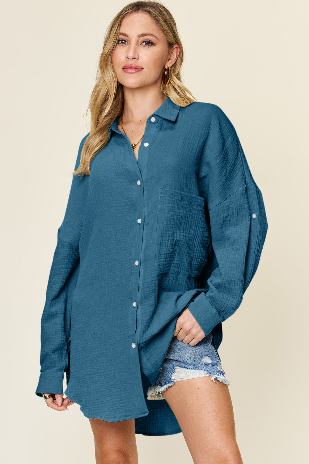Pocketed Texture Button Up Top
