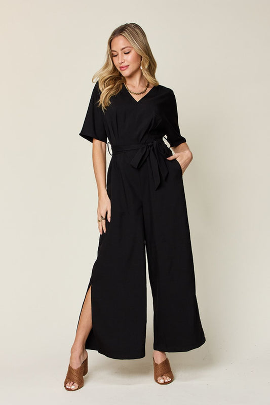 Luzia Size V-Neck Tied Side Slit Jumpsuit