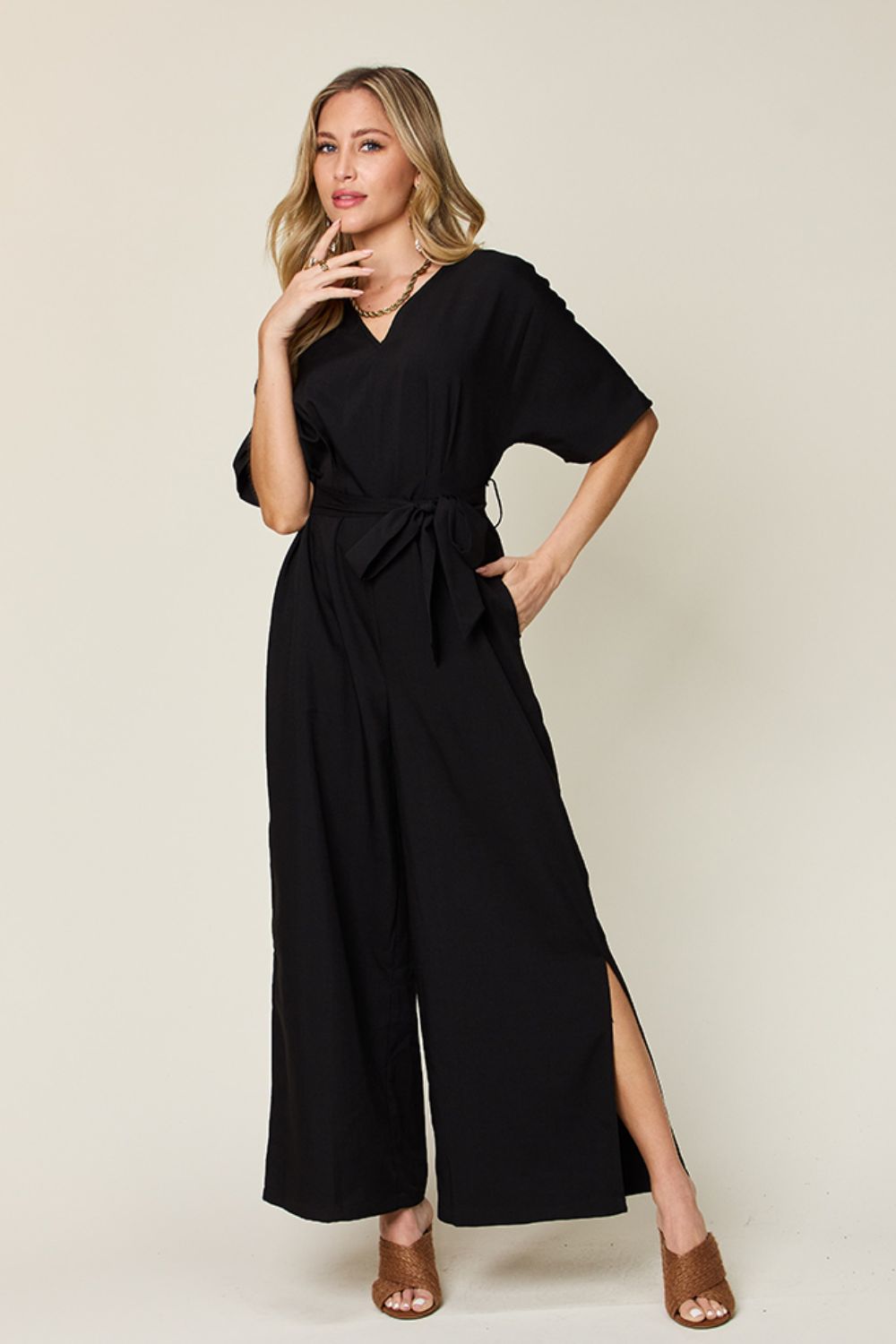 Luzia Size V-Neck Tied Side Slit Jumpsuit