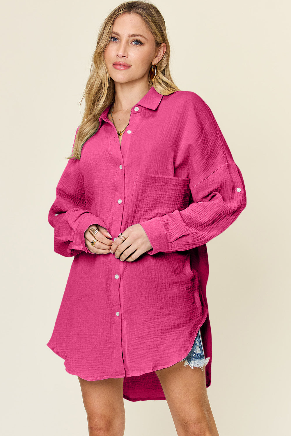 Pocketed Texture Button Up Top