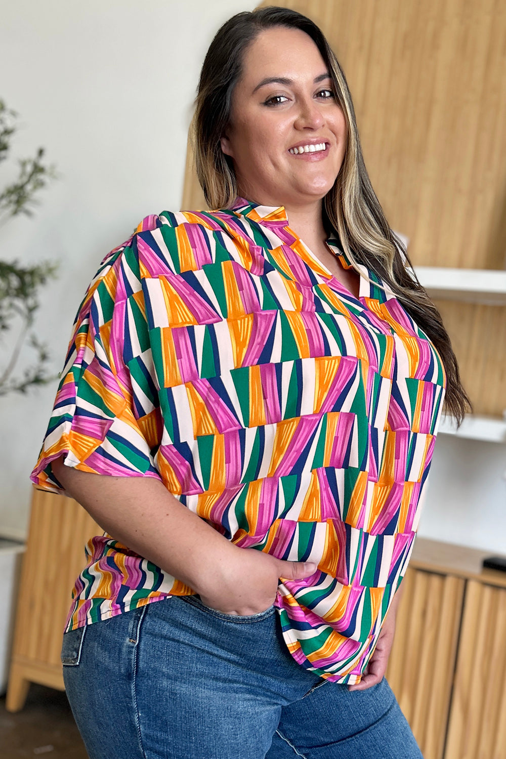 Dani Geometric Notched Dolman Sleeve Top