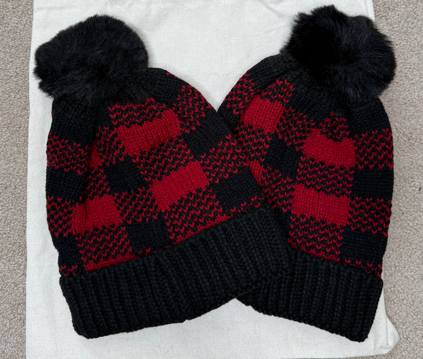 Buffalo Plaid Pompom Knit Beanie