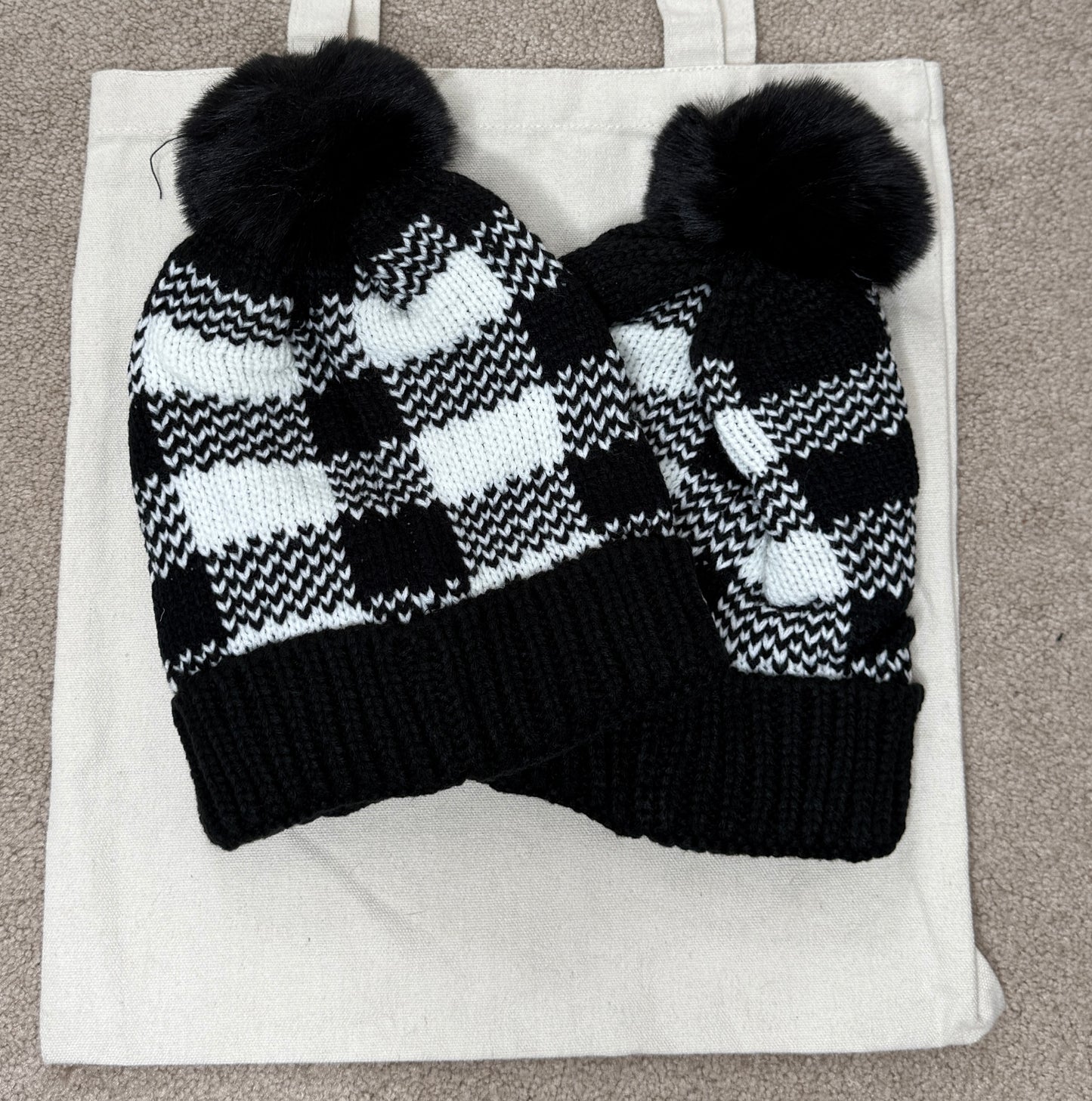 Buffalo Plaid Pompom Knit Beanie