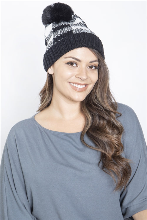 Buffalo Plaid Pompom Knit Beanie