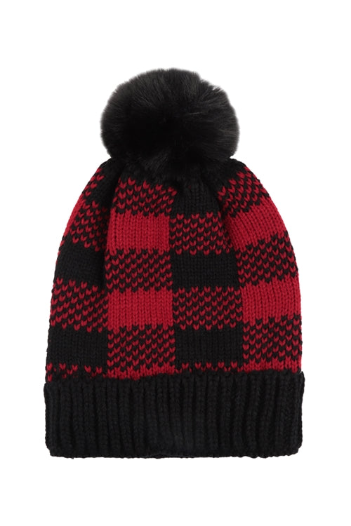 Buffalo Plaid Pompom Knit Beanie