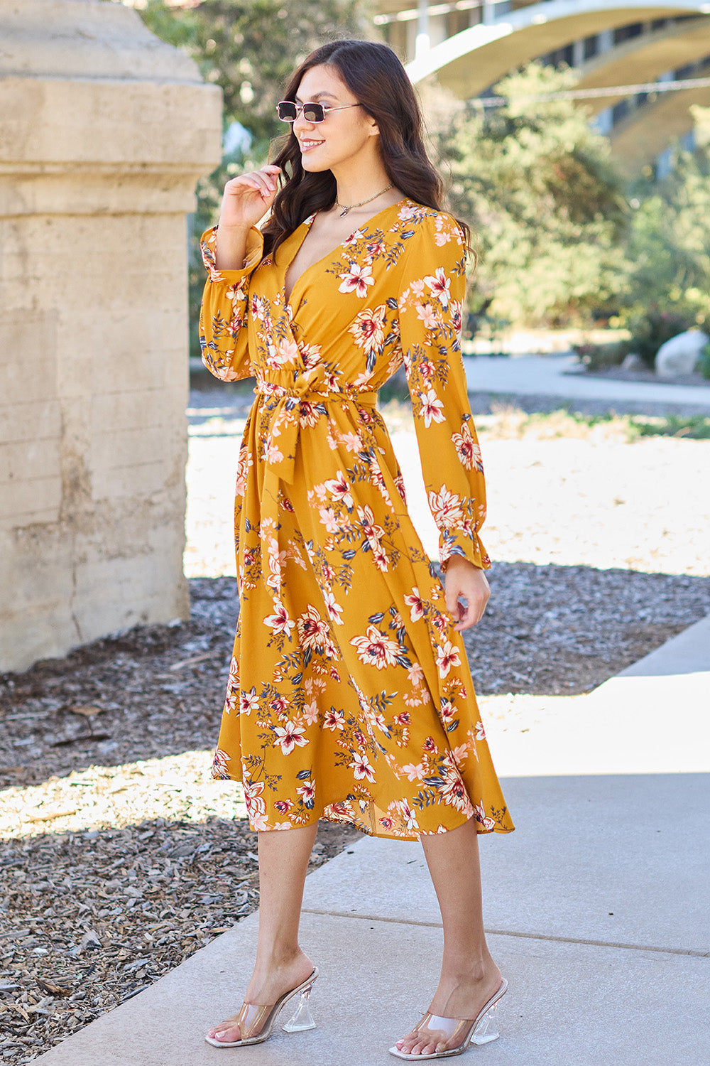 Laurie Floral Tie Back Flounce Sleeve Dress