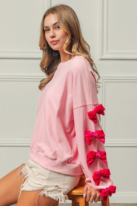 Mila Velvet Ribbon Bows Long Sleeve Round Neck Sweatshirt