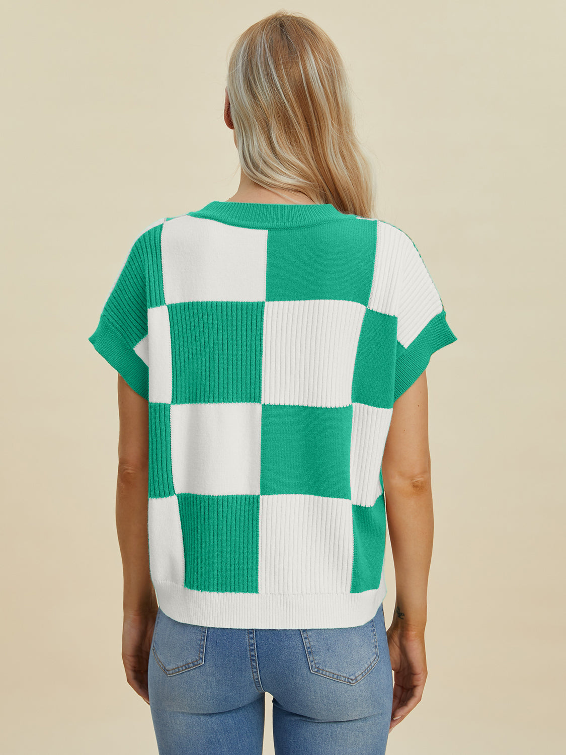 Carlee Checkered Round Neck Short Sleeve Sweater