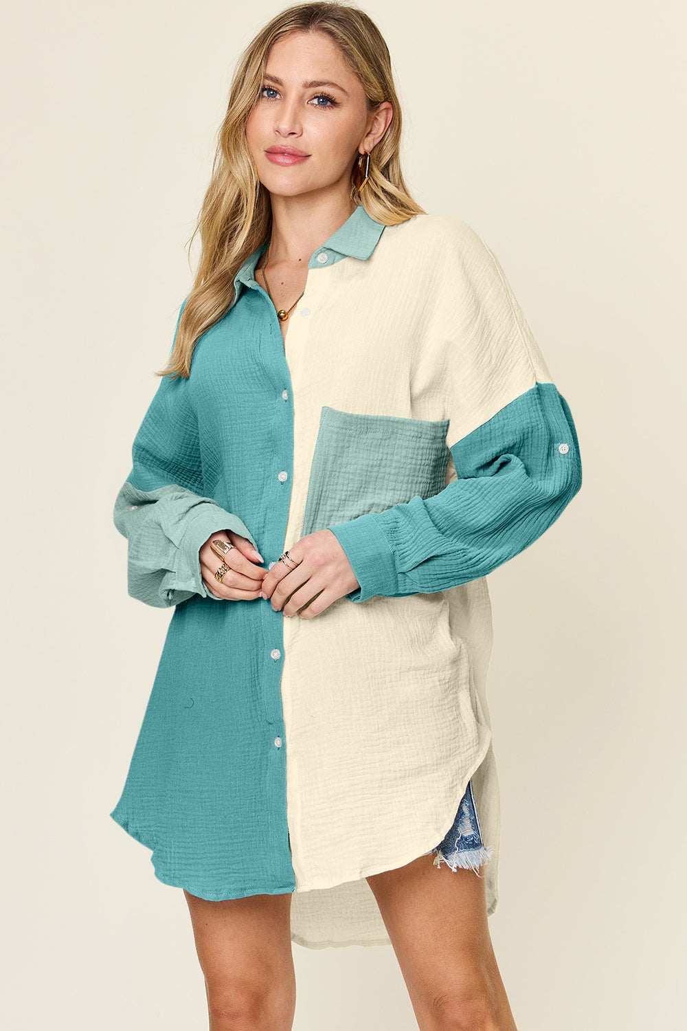 Pocketed Texture Button Up Top
