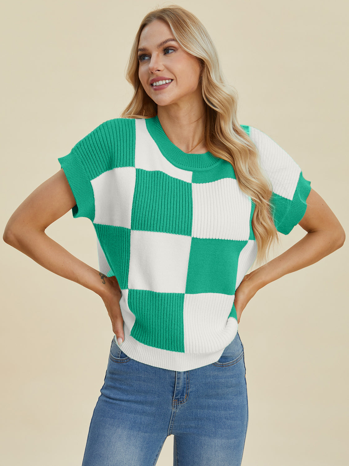 Carlee Checkered Round Neck Short Sleeve Sweater