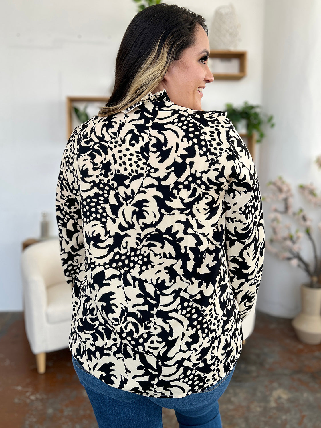 Jess Printed Ruffle Trim Balloon Sleeve Shirt